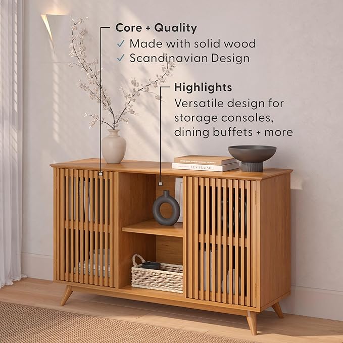 Plank+Beam Mid-Century Modern Wood TV Stand, Solid Wood Entertainment Console with Storage, 49" L x 16" W x 30" H, Pecan
