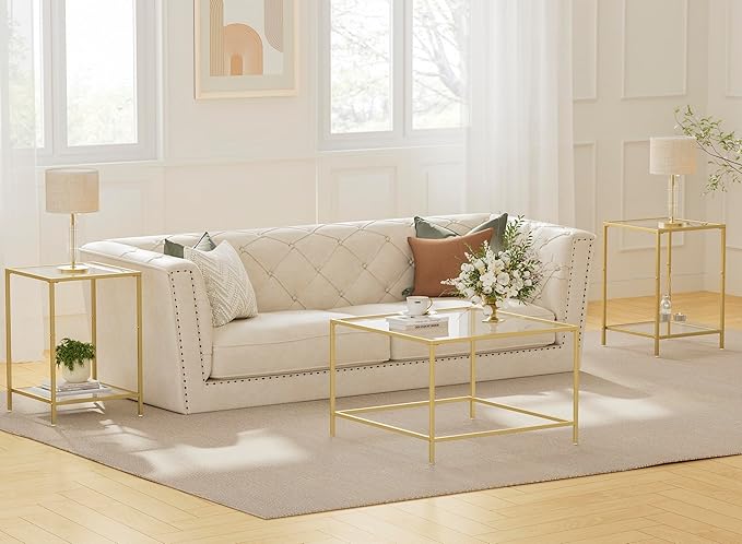 Glass Coffee Table, Modern Square Coffee Table for Living Room, Minimalist Center Tea Table with Sturdy Metal Frame for Apartment, Office, Easy Assembly, 27.6 x 27.6 x 17.7 Inches, Golden