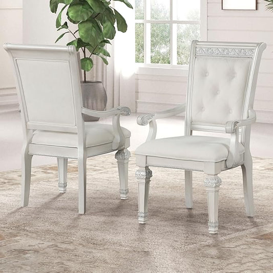Furniture of America Gelbero Traditional Arm Chairs Set of 2, Comfortable Upholstered Seating with Ornate Corbels and Button Tufting Backrest for Dining Room, Kitchen, and Living Room, Ivory