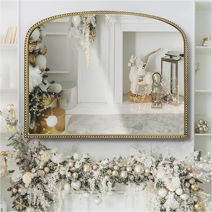 Antique Gold Arched Wall Mirror - 36"x28" with Metal Beaded Frame | Decorative Accent Mirror for Fireplace, Bedroom, Living Room, Dresser, Mantle
