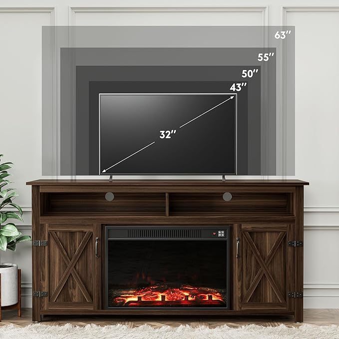 YESHOMY Fireplace TV Stand for Television up to 65+ Inch with Storage and Farmhouse Barn Doors, Entertainment Center with Cabinet and Shelves, Media Console for Living Room, Walnut