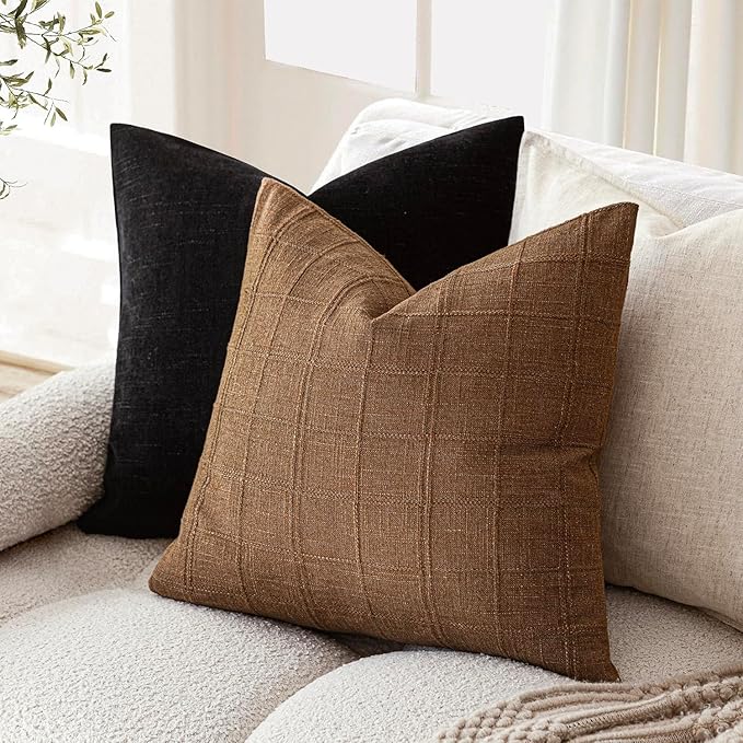 Foindtower Set of 2 Decorative Linen Check Throw Pillow Covers Neutral Farmhouse Vintage Cushion Covers Modern Boho Home Decor for Sofa Chair Couch Bedroom Living Room Outdoor,20×20 Inch,Brown Hazel