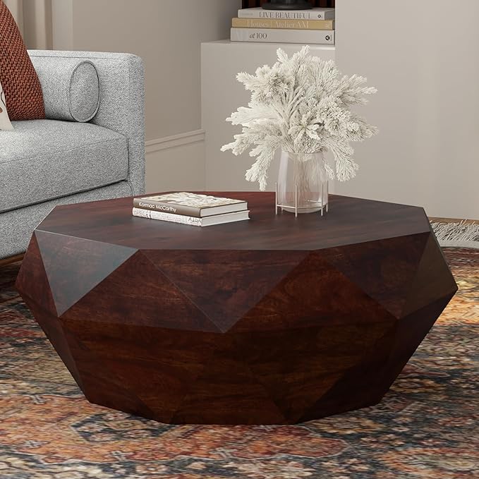 SIMPLIHOME Zayn Coffee Table - 35 inch Wide Solid Acacia Wood Geometric Drum Cocktail Table in Walnut Brown, Modern Living Room Table with Octogon-Shaped Tabletop and Faceted Design, Assembled