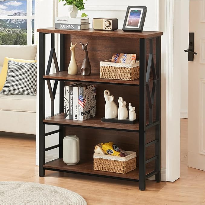 HOMISSUE Bookshelf, 4-Tier Rustic Short Bookshelf, Industrial Shelf Bookcase with Engineered Wood Shelves, Low Bookcase with Storage, Small Shelf for Living Room, Bedroom and Office, Rustic Brown