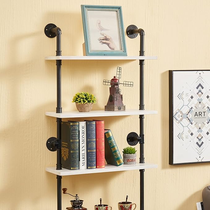 Pipe Shelves, 5 Tier Industrial Ladder Bookcase, Wall Mounted Metal Wood Rustic Bookshelf (White, 5 Tier - 10" D x 24" W x 70" H)