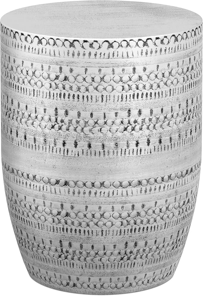 SIMPLIHOME Johnsen Metal Table - 15 inch Wide Solid Iron Drum Accent Table in Antique Silver with Tribal Pattern, Round Boho End Table for Living Room, Bedroom, or Home Office, Fully Assembled