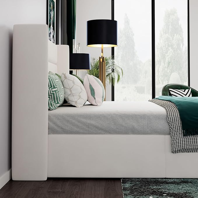 SHA CERLIN Full Size Lift Up Storage Bed/Velvet Upholstered/Modern Wingback Headboard/Upholstered Platform Bed Frame/Hydraulic Storage/No Box Spring Needed/White