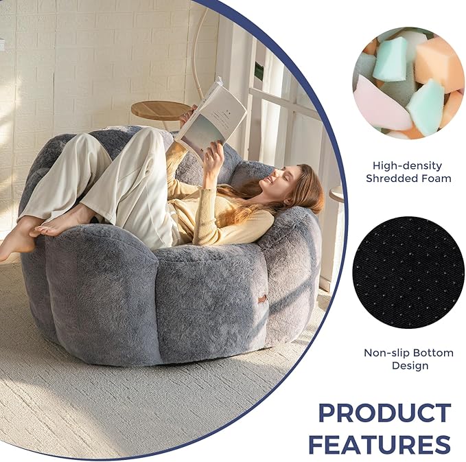 MAXYOYO Bean Bag Chair for Adults, Floral Shaped Bean Bag Sofa, Ultra Soft Faux Fur Floor Sofa, Large Reading Chair for Living Room Bedroom, Dark Grey, Single