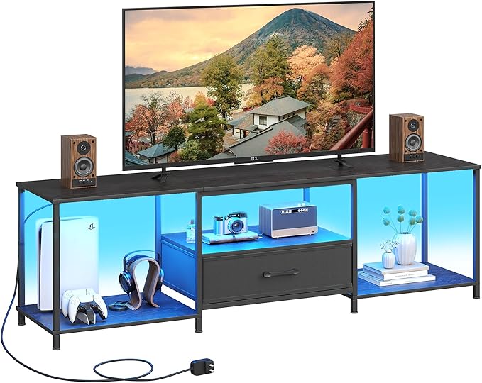 TV Stand with LED Lights, Entertainment Center with Open Shelves and Fabric Drawer, Media Console for 80 Inch TV, Television Stands for Living Room, Bedroom, Black