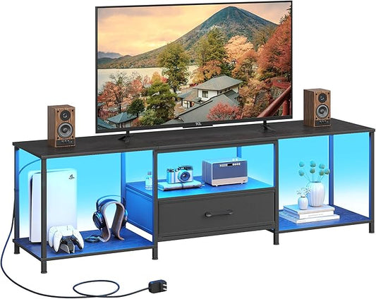 TV Stand with LED Lights, Entertainment Center with Open Shelves and Fabric Drawer, Media Console for 80 Inch TV, Television Stands for Living Room, Bedroom, Black