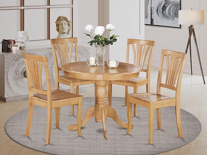 East West Furniture ANAV5-OAK-W 5 Piece Dining Room Table Set Includes a Round Kitchen Table with Pedestal and 4 Dining Chairs, 36x36 Inch, Oak