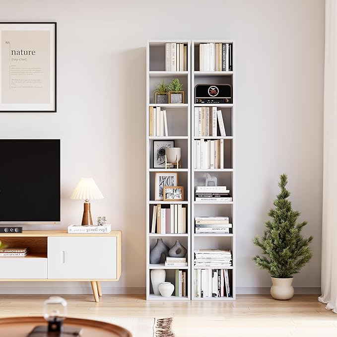 Bamjoy 71 Inches Tall Narrow Bookshelf, 8-Tier CD DVD Slim Media Tower Rack, Corner Bookcase with Adjustable Shelves, Skinny Cubes Bookshelves for Home Office Small Space, White
