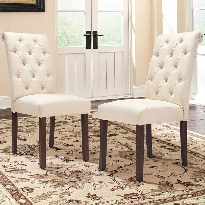 COLAMY Tufted Dining Chairs Set of 2, Accent Parsons Diner Chair Upholstered Fabric Stylish Kitchen Chairs with Solid Wood Legs and Padded Seat, Beige