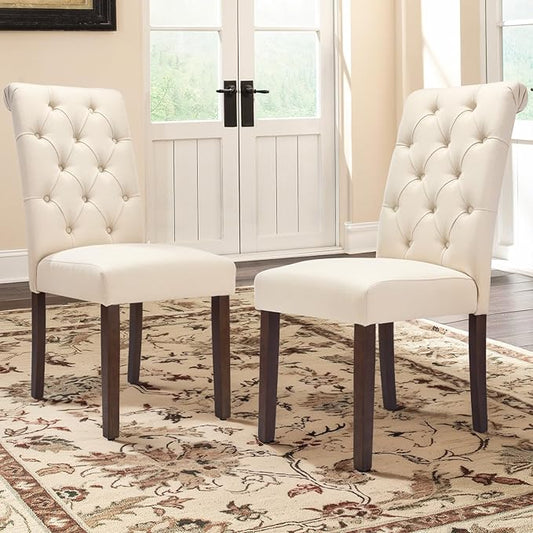 COLAMY Tufted Dining Chairs Set of 2, Accent Parsons Diner Chair Upholstered Fabric Stylish Kitchen Chairs with Solid Wood Legs and Padded Seat, Beige