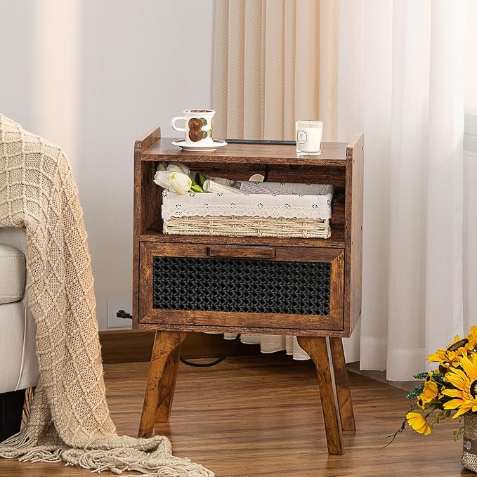 Lerliuo Rattan Nightstands Set of 2 with Charging Station, Boho Side Table with Drawer Open Shelf, Cane Accent Bedside End Table with Solid Wood Legs for Bedroom, Dorm and Small Spaces (Brown)