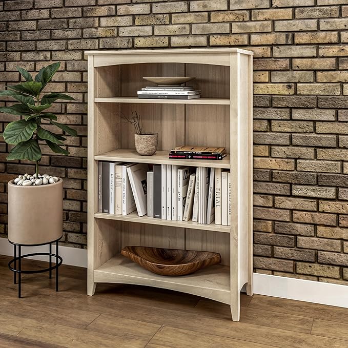 Camaflexi Shaker Style 4 Shelf Bookcase/Solid Wood / 48" High/Adjustable Shelving/Closed Back/Display Bookshelf for Living Room, Bedroom, Home and Office, Light Oak