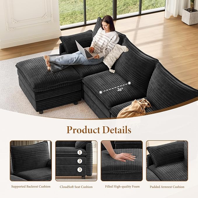 Vesgantti 108" U Shaped Sectional Couch, Comfy Cloud Modular Sectional Sofa with 2 Ottoman Deep Seat Corduroy Modern Cloud Sofa, Modular Sofas for Living Room, Bedroom and Apartment, Gray