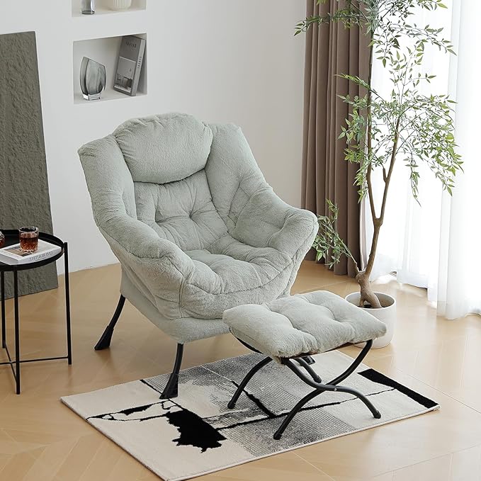 Lazy Chair with Ottoman, Modern Chair with Folding Footrest, Lounge Accent Chair, Comfortable Reading Chair (Plush Green)