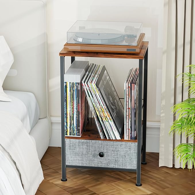 Record Player Stand with Vinyl Storage, 2-Tier Record Shelf Table with Fabric Drawer, Holds Up to 60 Vinyl Records, Record Player Table for Turntable and Albums, 15.75"D × 11.81" W× 25.59"H