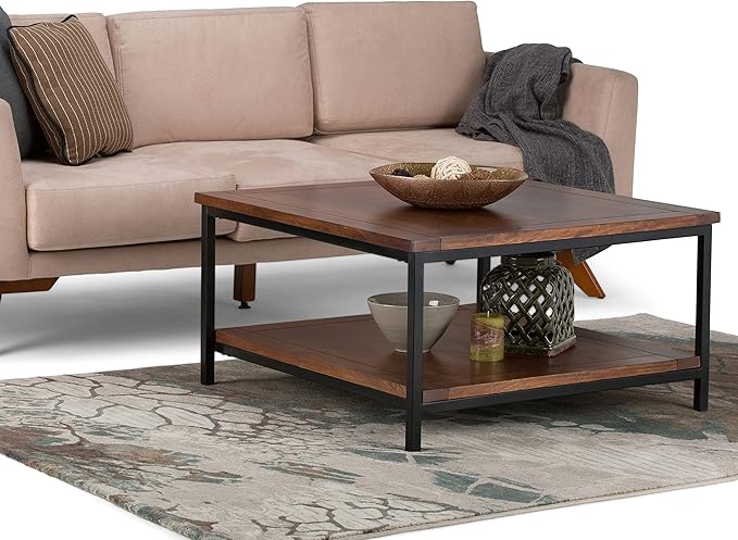 SIMPLIHOME Skyler Square Coffee Table - 34 inch Wide Solid Mango Wood and Metal Living Room Table in Dark Cognac Brown, Industrial Center Table for Family Room with Open Shelf and Black Frame