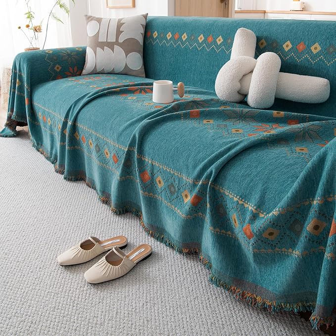 STACYPIK Green Jacquard Couch Cover Chenille Boho Sofa Covers for 3 Cushion Couch Reversible Tassels Sofa Seat Cover Blankets Scratch Proof Couch Protector Loverseat Futon Cover for Sectional-71X134IN