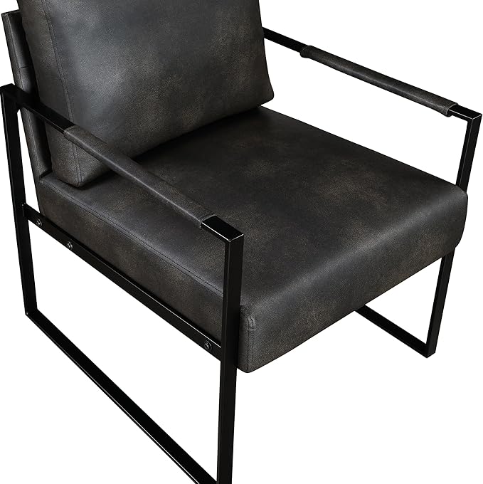 Lexicon Modern Accent Chair, Faux Leather Upholstered Living Room Chair With Wrapped Armrests, Arm Chair With Black Metal Frame,Comfy Single Chair For Living Room/Bedroom/Reading Room/Office,Dark Grey