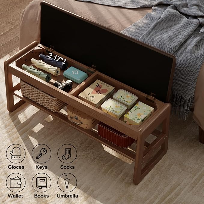 Shoe Rack Bench with Cushion, 2 Tiers Shoe Bench with Flip-Top Storage,Wood Shoe Rack for Entryway,Hallway（Walnut,31.5"）