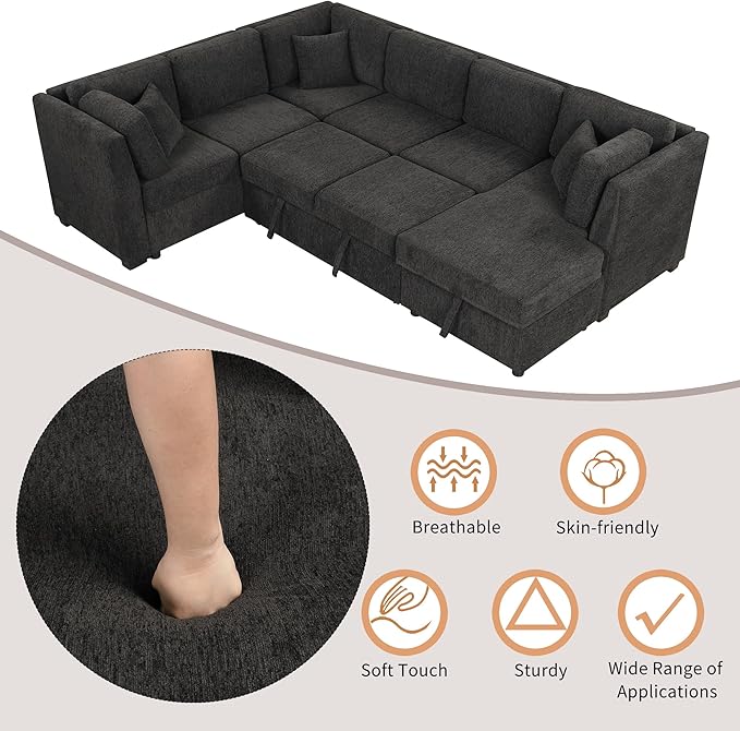 Ball & Cast 108.6" Sleeper Sectional Pull Out Sofa with 2 USB Ports,Two Power Sockets,Versatile U-Shape Couch w/ 3 Back Pillows and Storage Chaise,for Living Room,Office,Apartment,Black