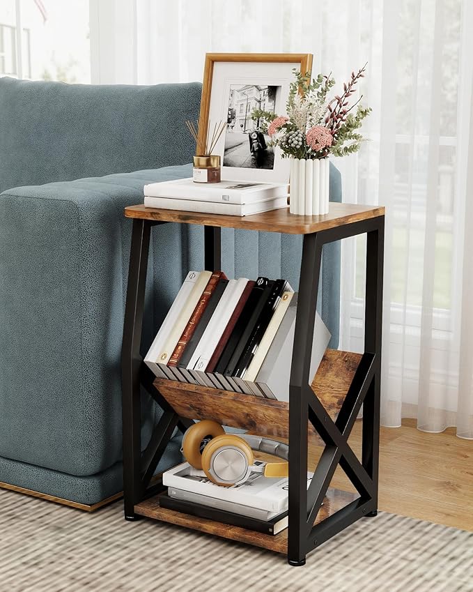 ALISENED Side Table, 3 Tier Narrow End Table with Storage Shelf, Industrial Slim Nightstand for Small Spaces, Narrow Small End Tables for Living Room,Bedroom,Home Office.
