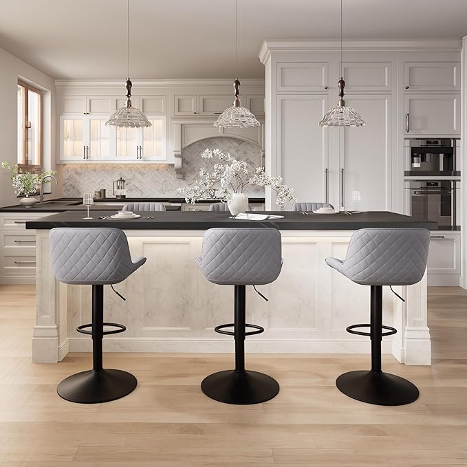 YOUNIKE Grey Bar Stools Set of 2 Kitchen Counter Height Barstools with Backs Modern Swivel Faux Leather Padded Bar Chairs Tall Adjustable Stools for Breakfast Island