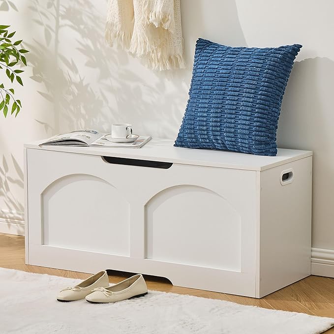 Storage Chest, 31.5" Wooden Storage Trunk Bench, Entryway Bench, Storage Box, Toy Chest with Lift Top, U-Shaped Opening, Easy Assembly, 31.5" x 15.7" x 18.3" Toy Box Chest Organizer Bench, Ivory White