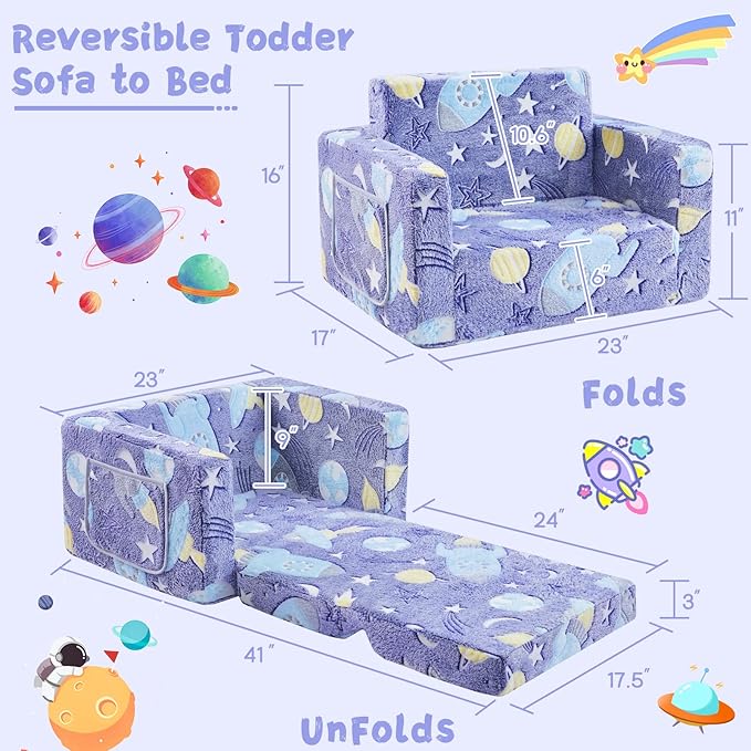 Toddler Couch,Toddler Chair,2-in-1 Baby Seat Furniture Fold Out, Convertible Sofa to Lounger Comfy Glow in The Dark Sofa Bed,Gifts for Kids Girl Boys,Rocket,Medium