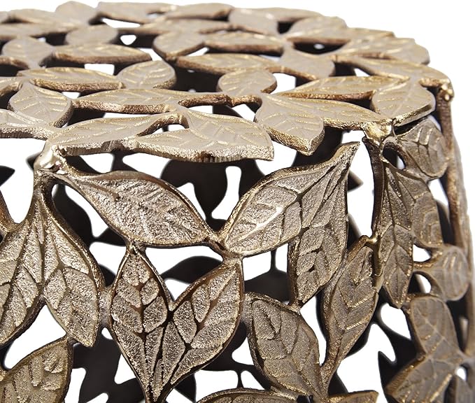 Howard Elliott Olive Leaf Round Side Table & Stool, Unique Bronze Finish Cast Aluminum Bedside Table, Modern Accent Decoration Side End Table for Living Room, Balcony & Bedroom, 17 x 16.25 Inch