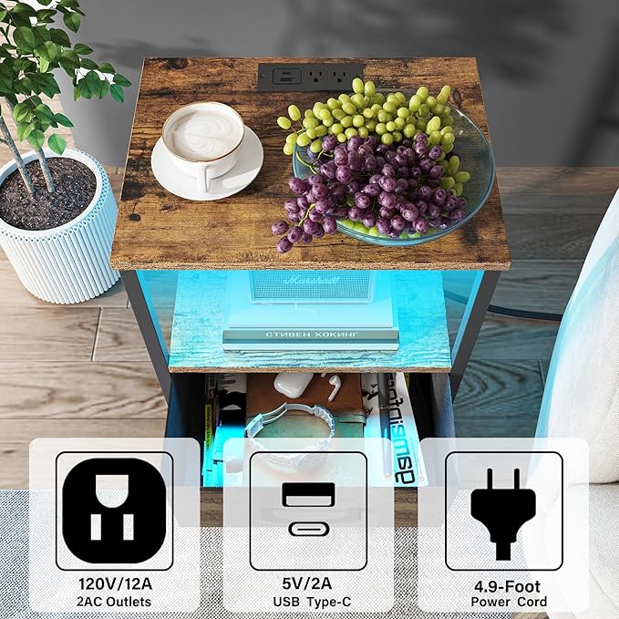 TUTOTAK LED End Table with Charging Station, Night Stand, Side Table with 2 USB Ports and Outlets, Nightstand with Cloth Drawer, Bedside Table for Livingroom, Bedroom Brown TB01BB088L