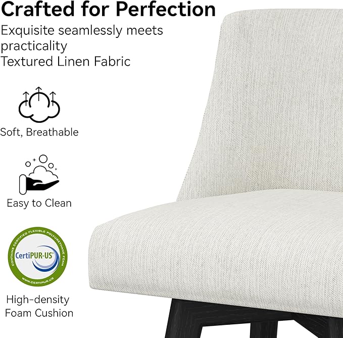 Counter Height Bar Stools Set of 2, Modern Swivel Barstools with Back and Wood Legs, Linen Fabric Upholstered Counter Height Stools, 26" H Kitchen Island Stools, Home Bar, Pub, Ivory
