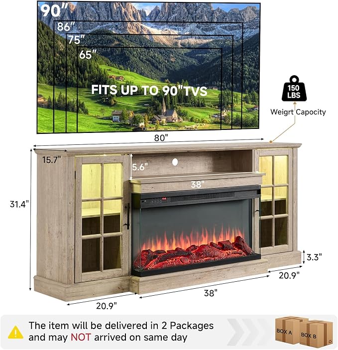 ROCKPOINT 3 Sided Glass 80" Fireplace TV Stand for TVs up to 90", Media Entertainment Center with Glass Door Storage Cabinet for Living Room,36" Electric Fireplace & Adjustable LED Light,Grey
