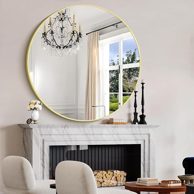 Gold Round Mirror, 48 inch Large Circle Mirrors, Aluminum Metal Frame Big Round Bathroom Mirror, Oversized Circle Mirror, Huge Circular Mirrors for Wall Bathroom Entryway Bedroom Living Room