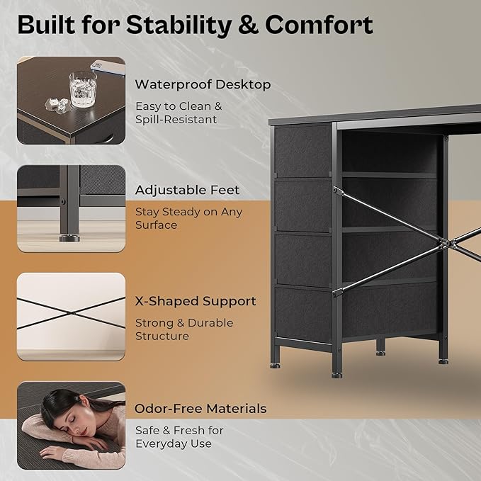 Huuger 55 Inch L Shaped Desk with Fabric Drawers, Reversible Computer Gaming Desk with Power Outlets and USB-C Port, Adjustable Side Storage Shelves, for Work Study Corner Home Office, Black