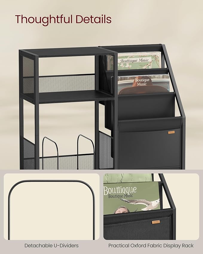 VASAGLE Record Player Stand, 3-Tier Side Table, Vinyl Record Storage up to 140 Albums, End Table for Living Room, Bedroom, Ebony Black ULET276B01