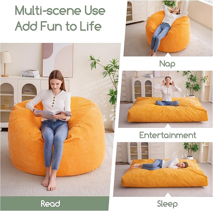 Giant Bean Bag Chair Bed for Adults,Convertible Beanbag Folds from Lazy Chair to Floor Mattress Bed,Large Floor Sofa Couch for Adult,Couples,Family,High-Density Foam Filling, Machine Washable, Orange