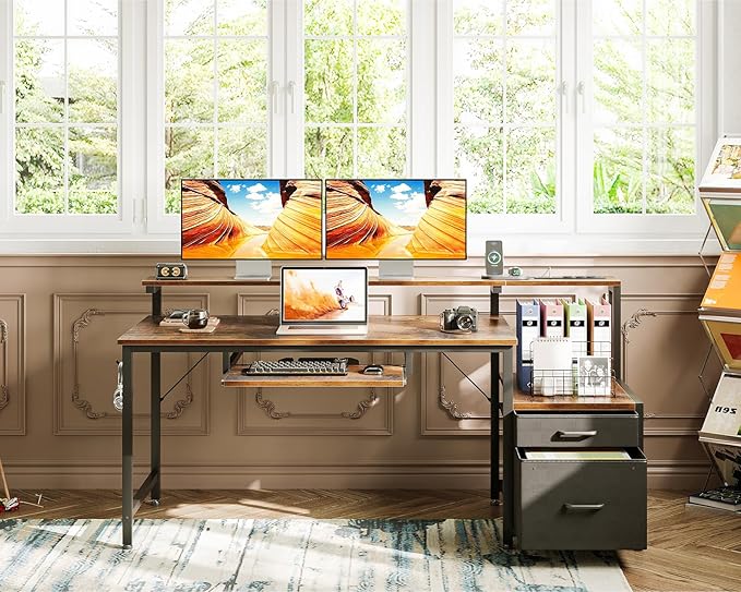 AODK Computer Desk with Drawers and Keyboard Tray, 55" Office Desk with Power Outlet and LED Lights, Reversible Study Work Desk with Printer Shelf and PC Stand for Home Office, Vintage