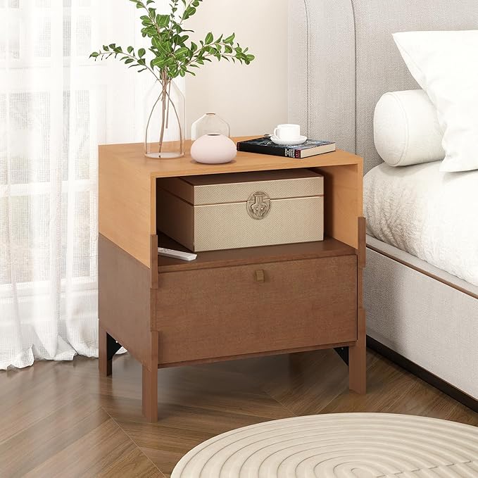 SBS-AL-21-23 Sebastack Night Stand, Customizable 2 Drawers Bedside Table, End Table, Side Table for Bedroom, Mid-Century Style Wood Chest of Furnitures, Basswood and Walnut Color Combo