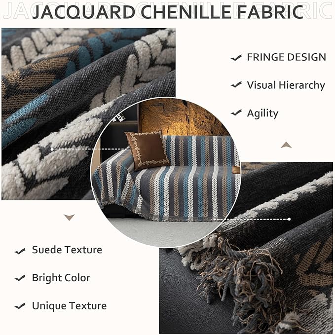 STACYPIK Boho Jacquard Leaves Sofa Cover, Blue Geometric Couch Cover for Dog, Washable Furniture Protector for 3 Cushion Couch, Non Slip Sectional Cover for Loveseat, L Shape Sofa Slipcovers-71X150IN