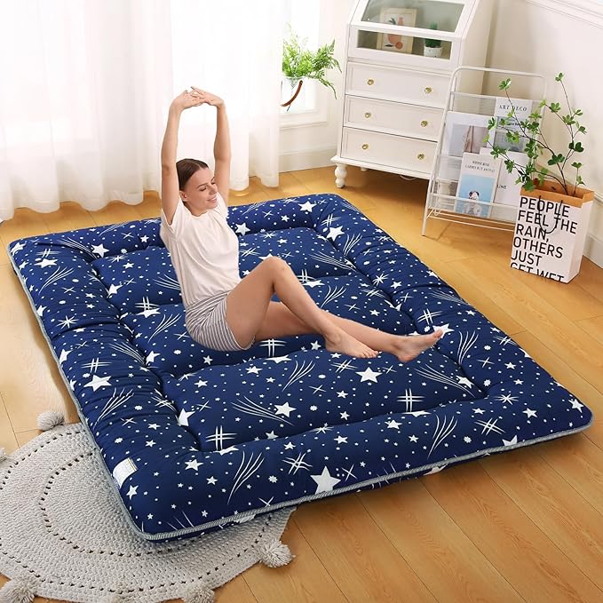 Bohemian Retro Japanese Floor Mattress, Vintage Floral Tatami Floor Mat, Portable Roll up Futon Mattress for Guest,Tavel (Starry,Queen80 X 60")