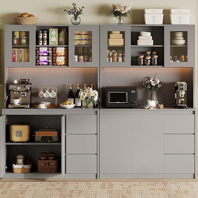 Kitchen Pantry Cabinet,71" Tall Storage Cabinet with Doors and Shelves Adjustable, Kitchen Storage Hutch with Microwave Shelf, Led Lights and Charging Station,Corner Pantry Cabinet,Grey