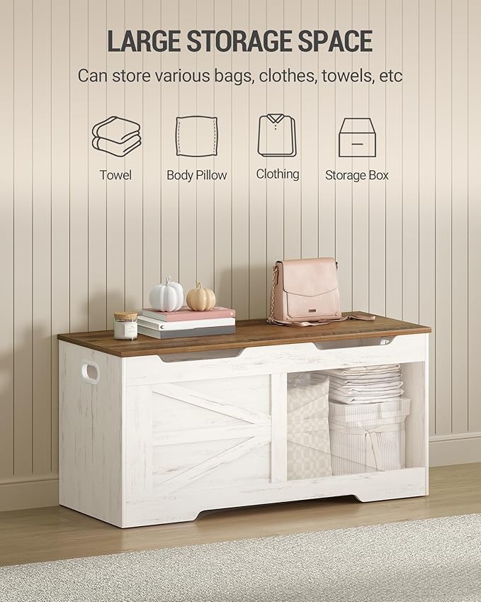 39.4" Storage Chest, Extra Large Storage Trunk with 2 Safety Hinges, Wooden Box Bench, Lift-Top Organizer Chest, Shoe Bench for Entryway, Bedroom, Living Room, White and Brown SB03414X