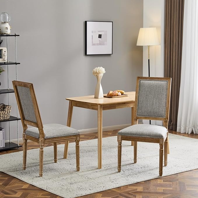Merax Upholstered Solid Wood Dining Chairs Set of 2, French Country Style Accent Side Seating Furniture for Kitchen, Living Room, Cushioned Back, Grayish Green