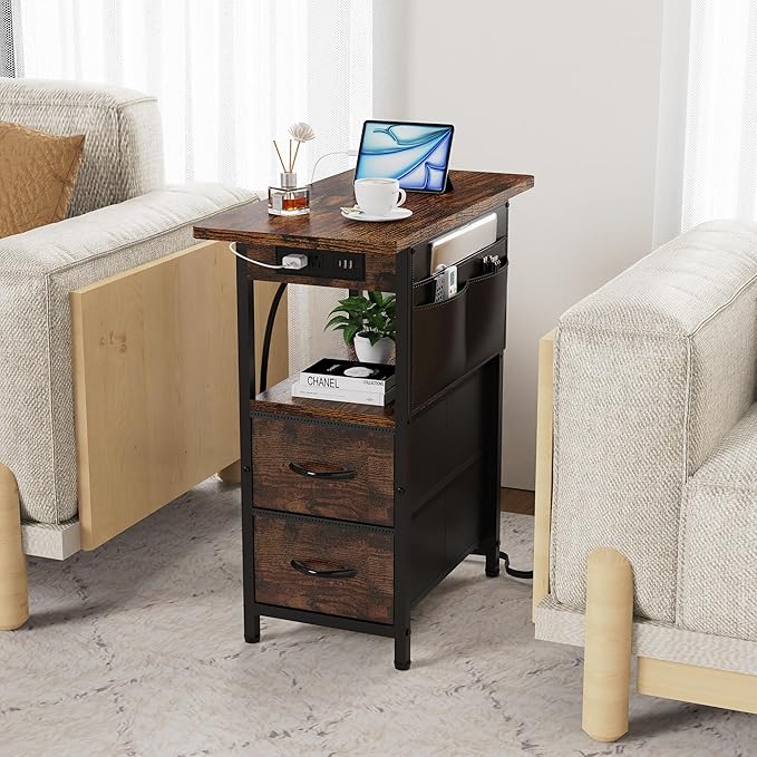 Small Side Table with Charging Station, Narrow Nightstand Bedside Tables with Storage Pocket for Living Room Bedroom, Sofa End Table with USB Ports and Power Outlets for Small Spaces