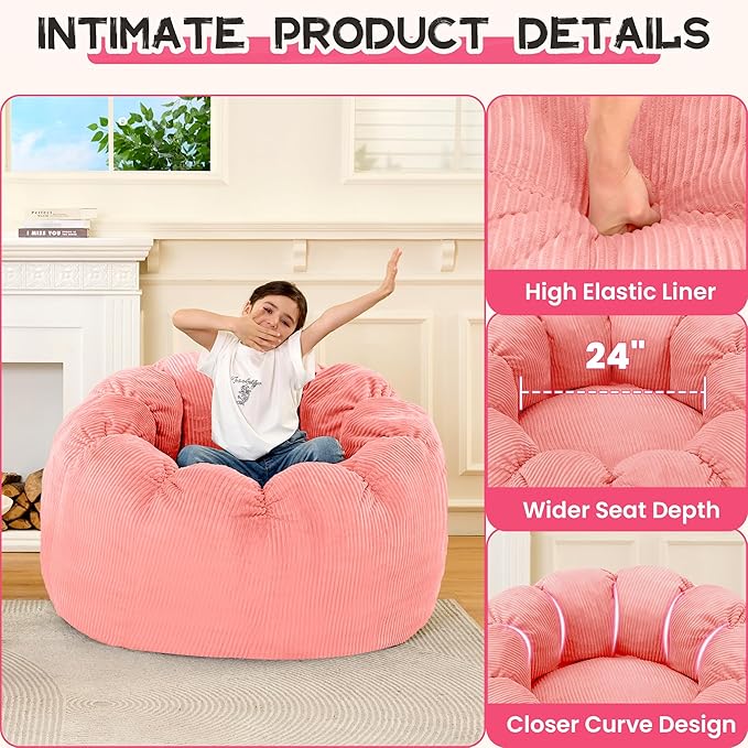 HABUTWAY Giant Bean Bag Chair for Adults/Kids/Teens, Pumpkin Bean Bag Couch Comfy Reading Chair for Bedroom, Corduroy Lazy Sofa Loughe Chair with Wider Seat Depth & Non-Slip Bottom(Pink)