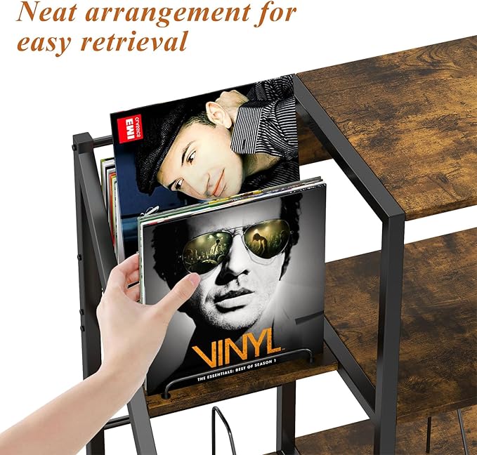 Large Record Player Stand Vintage Record Stand-Large Vintage Record Player Table with Power Outlet and LED Light,Record Storage Rack with Vinyl Display Shelf for Up to 300 Albums